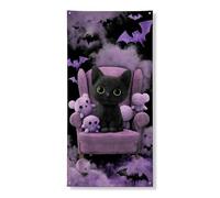 Bannière décorative pour porte de chat d'Halloween - Joli fauteuil en peluche violette - Décoration de fête effrayante pour intérieur et extérieur - 91,4 x 183 cm