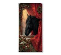 Bannière décorative pour porte de cheval d'hiver, étalon noir rustique, décoration de ferme, fournitures de Noël pour intérieur et extérieur, 91,4 x 183 cm