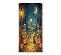 Bannière décorative pour porte de chien carlin d'Halloween - Motif squelette de vacances - Décoration de fond pour intérieur et extérieur - Citrouilles - 91,4 x 183 cm