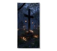 Bannière décorative pour porte de cimetière d'Halloween, lanternes effrayantes et citrouilles, décoration de porte d'entrée, fournitures de festival d'automne pour intérieur et extérieur, 91,4 x 183