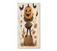 Bannière décorative pour porte de citrouille d'Halloween, épouvantail effrayant, feuilles d'automne, décoration de porte d'entrée, fournitures de festival d'automne pour intérieur et extérieur, 91,4 x