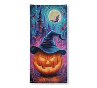 Bannière décorative pour porte de citrouille d'Halloween, fond de château hanté effrayant, décoration intérieure et extérieure de vacances 91,4 x 183 cm