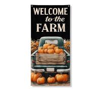 Bannière décorative pour porte de ferme « Welcome to the Farm » - Style rustique vintage - Camion citrouille - Récolte d'automne - Fournitures d'intérieur et d'extérieur - 91,4 x 183 cm