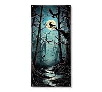 Bannière décorative pour porte de forêt hantée - Arbres sombres effrayants - Toile de fond au clair de lune - Fournitures de fête d'Halloween d'intérieur et d'extérieur - 91,4 x 183 cm