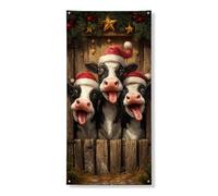 Bannière décorative pour porte de Noël - Vaches noires et blanches avec chapeaux de Père Noël - Décoration intérieure et extérieure - 91,4 x 183 cm