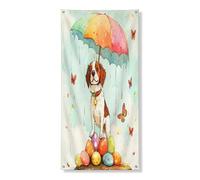 Bannière décorative pour porte de printemps, Pâques, motif chien bretagne, parapluie, œufs, couverture de fond de porte d'entrée, intérieur et extérieur, panneau de porche pour animaux domestiques