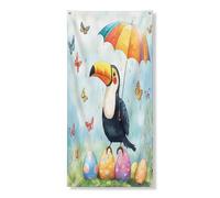 Bannière décorative pour porte de printemps, Pâques - Toucan - Œufs de parapluie amusants - Décoration de fond pour porte d'entrée - Intérieur et extérieur - 91,4 x 183 cm