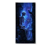Bannière décorative pour porte de style gothique squelette bleu mystique et corbeau pour intérieur ou extérieur 91,4 x 182,9 cm