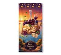 Bannière décorative pour porte de vin d'été salée, coucher de soleil vif, raisins et fromage, décoration de porte d'entrée, fournitures de fête d'été pour intérieur ou extérieur, 91,4 x 183 cm