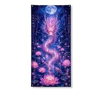 Bannière décorative pour porte d'entrée avec dragon mystique - Nénuphars violets enchantés - Décoration de porte d'entrée - Fournitures de vacances - 91,4 x 183 cm