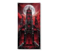 Bannière décorative pour porte d'entrée de cathédrale gothique - Rouge foncé - Scène au clair de lune - Décoration de porte d'entrée pour intérieur ou extérieur - Décoration d'Halloween à suspendre