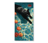 Bannière décorative pour porte d'entrée en forme de chat d'automne, chat nageant avec citrouilles oranges, décoration de porte d'entrée, intérieur ou extérieur, toile de fond à suspendre pour festival