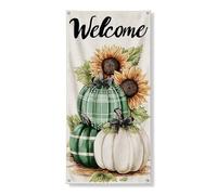 Bannière décorative pour porte d'entrée en forme de citrouille de bienvenue - Vert rustique à carreaux et tournesol - Pour l'automne et l'automne - Toile de fond à suspendre - 91,4 x 183 cm