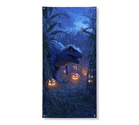 Bannière décorative pour porte d'entrée en forme de dinosaure pour Halloween, citrouille bleue effrayante, décoration d'intérieur et d'extérieur, fournitures de festival d'automne 91,4 x 183 cm