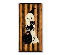 Bannière décorative pour porte d'entrée, fantôme d'Halloween, chats noirs effrayants avec esprit hanté, fournitures de festival d'automne pour intérieur et extérieur, 91,4 x 183 cm