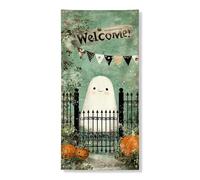 Bannière décorative pour porte d'entrée, fantôme d'Halloween, citrouille vintage fantaisiste et esprit amical, décoration de porte d'entrée, fournitures de vacances d'automne 91,4 x 183 cm