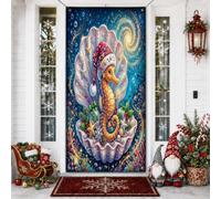 Bannière décorative pour porte d'entrée festive, motif hippocampes de mer de Noël, décoration de fond festonnée de luxe, décoration de fond pour intérieur et extérieur, 91,4 x 182,9 cm