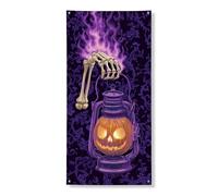 Bannière décorative pour porte d'entrée, lanterne squelette d'Halloween, fantôme violet effrayant, flammes fantômes, décoration de porte d'entrée, fournitures de vacances festives d'intérieur ou