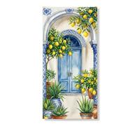 Bannière décorative pour porte d'entrée motif citronnier bleu méditerranéen, décoration de porte d'entrée, fournitures de vacances d'été pour intérieur ou extérieur, 91,4 x 183 cm