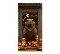 Bannière décorative pour porte d'entrée, motif dinosaure d'Halloween, citrouille effrayante, fournitures de vacances pour intérieur et extérieur, 91,4 x 183 cm