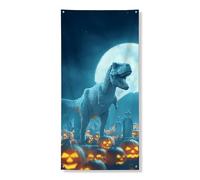Bannière décorative pour porte d'entrée, motif dinosaure d'Halloween, citrouilles bleues effrayantes, décoration de porte d'entrée, fournitures de vacances festives d'intérieur et d'extérieur 91,4 x