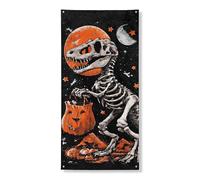 Bannière décorative pour porte d'entrée, motif dinosaure d'Halloween, squelette effrayant, citrouille, décoration de porte d'entrée, fournitures de vacances festives d'intérieur et d'extérieur 91,4 x