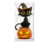 Bannière décorative pour porte d'entrée pour chat d'Halloween - Motif chat effrayant avec citrouille - Décoration d'intérieur et d'extérieur - Fournitures d'Halloween festives - 91,4 x 183 cm