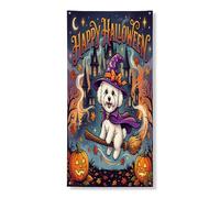 Bannière décorative pour porte d'Halloween, motif chien bichon frisé pour vacances, sorcière amusante, décoration de fond, intérieur et extérieur, décoration de cour d'automne 91,4 x 182,9 cm