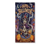 Bannière décorative pour porte d'Halloween motif chien schnauzer - Sorcière amusante - Décoration de fond pour intérieur et extérieur - Fournitures de fond de cour d'automne - 91,4 x 183 cm