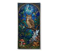 Bannière décorative pour porte en vitrail - Motif fée de la forêt enchantée - Hibou - Intérieur et extérieur - Décoration d'automne - 91,4 x 183 cm
