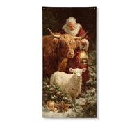 Bannière décorative vintage de Noël avec motif de Père Noël - Scène rustique d'animaux de la ferme - Décoration de porte d'entrée - Fournitures d'intérieur et d'extérieur - 91,4 x 183 cm