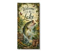 Bannière décorative « Welcome to the Lake » - Scène de pêche rustique - Décoration naturelle - Pour intérieur ou extérieur - Fournitures de vacances d'été - 91,4 x 183 cm