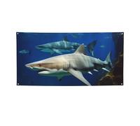 Bannière deux requins blancs pour extérieur et intérieur - Décoration de fête - Fournitures de fond photo avec œillets - Bannière murale personnalisée