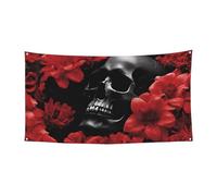 Bannière d'Halloween pour fête en plein air, cour, porche, toile de fond durable pour fêtes, jardin, bar, crâne abstrait rouge noir, grand drapeau en polyester résistant aux déchirures 180 x 90 cm