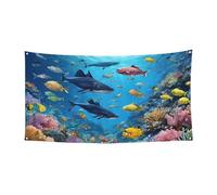 Bannière d'Halloween pour fête en plein air, cour, porche, toile de fond durable pour fêtes, jardin, bar, poisson sous-marin bleu, grand drapeau en polyester résistant aux déchirures 180 x 90 cm