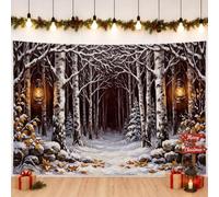 Bannière d'hiver paysage de bouleau enneigé et arbres 180 x 109 cm | Scène de forêt d'hiver, toile de fond pour photographie, accents de lanterne rustique, chemin enneigé