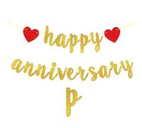 Bannière dorée à paillettes « Happy Anniversary » avec décoration en forme de cœur - Guirlande romantique à suspendre - Fournitures de fête