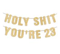 Bannière dorée à paillettes « Holy Shit You're 23 » pré-enfilée - Décorations de 23e anniversaire pour femme, décoration de fête d'anniversaire de 23 ans pour homme