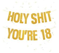 Bannière dorée pour 18e anniversaire - Décorations de fête à paillettes « Holy Shit You're 18 » - Bannière à paillettes « Happy 18 » - Décoration de fête amusante - Cadeau pour garçon et fille - Doré