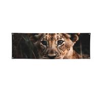 Bannière drapeau 180 x 60 cm - Grand panneau mural personnalisé à suspendre - Motif lion assis sur l'herbe - Pour intérieur ou extérieur - Pour fête d'anniversaire, décoration d'intérieur