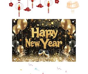 Bannière du Nouvel An - Impression 2D Ballons dorés Papier peint | 99 x 150 cm Décoration murale Nouvel An 2026 | pour accessoires de studio photo anniversaire terrasse appartement salon