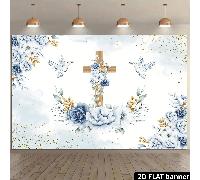 Bannière élégante pour la fête de baptême et de première communion avec une croix en bois mettant en scène des colombes de paix, des roses bleues et un fond doré scintillant pour la photographie 150cm
