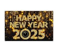 Bannière en fibre de polyester 2025 « Happy New Year » - Toile de fond scintillante noire et dorée pour décoration intérieure et extérieure - Atmosphère festive avec B M doré