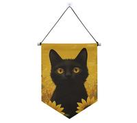 Bannière en tissu à suspendre avec tige télescopique Motif chat noir tournesol marguerite Bannières murales et décorations pour festival et jour spécial