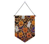 Bannière en tissu à suspendre en forme de citrouille léopard orange Halloween avec barre télescopique en tissu bannières décoration de patio en plein air Dernière intervention pour bureau, école