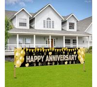 Bannière en tissu « Happy Anniversary » - Décoration d'anniversaire de mariage - Fond de fête d'anniversaire de mariage - Noir et doré - 3 m x 0,5 m