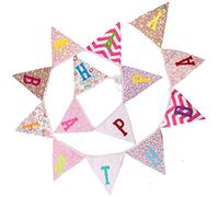 Bannière en tissu « Happy Birthday » double face de 3,30 m avec 14 fanions floraux pour décoration de fête d'anniversaire ou de chambre à coucher