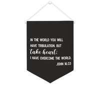 Bannière en toile « In The World You Will Have Tribulation But Take Heart » - À suspendre au mur - Bannière murale - Œuvre d'art décorative pour salon, chambre à coucher, bureau, cadeaux de vacances