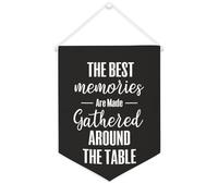 Bannière en toile « The Best Memories Are Made Gathered Around The Table » à suspendre au mur - Décoration murale pour salon, chambre à coucher, bureau, cadeaux de vacances - 30,5 x 40,6 cm