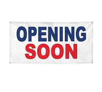 Bannière en vinyle de plusieurs tailles qui s'ouvre bientôt bientôt - Bleu et rouge B - Pour l'extérieur - Résistant aux intempéries - 4 œillets - 61 x 122 cm